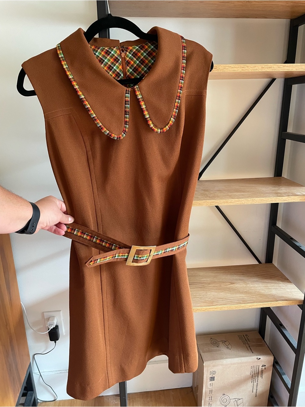 Brown Sleeveless Dress with Plaid Trim and Belt Vintage Handmade